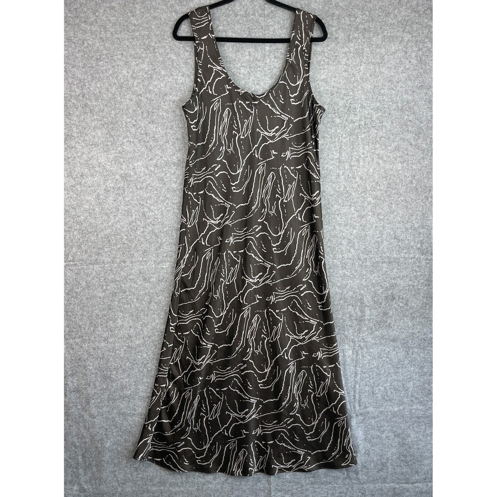 Calvin Klein Crushed Satin Print Midi Dress Womens 14 Gray Brown Abstract Artsy